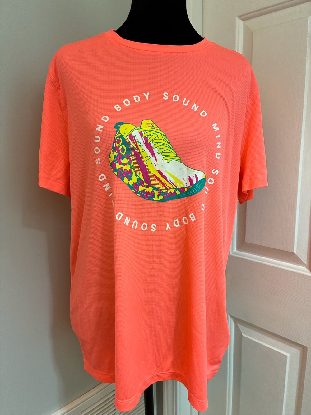 Asics Coral Pink Graphic Athletic Tee with Multicolor Sneaker Print